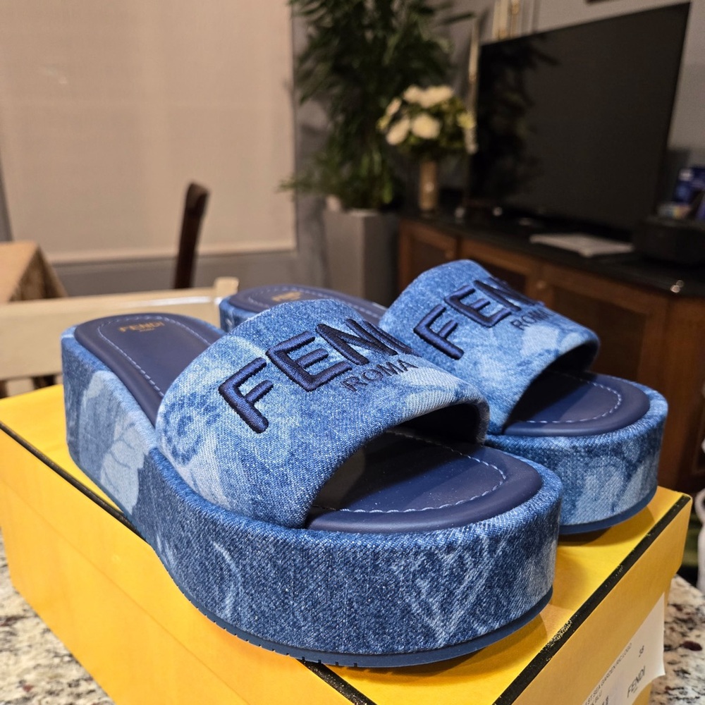 NEW Fendi Denim Blue Platform Sandals Size 38